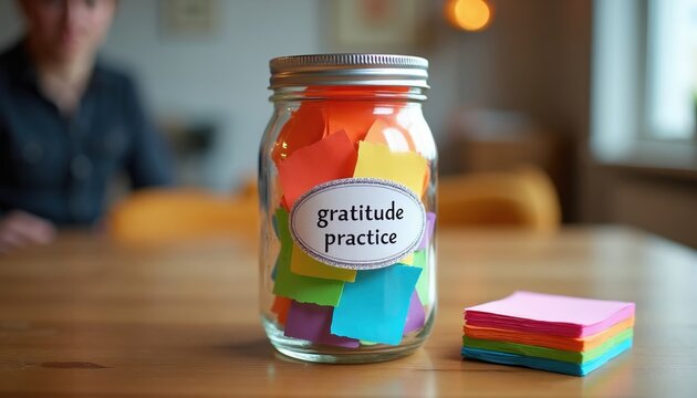 Glass jar with colorful paper notes labeled gratitude practice. Person sits at table, stack of notes nearby. Mental wellness and positive habit building.