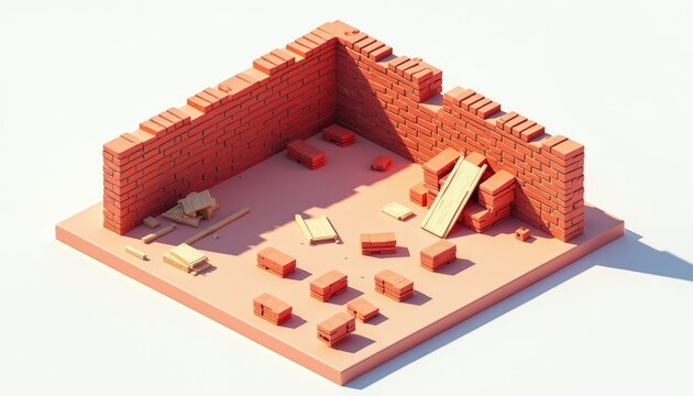 Brick wall under construction in isometric view. Building materials like bricks and wood planks are scattered around unfinished structure. Site work progress on foundation.