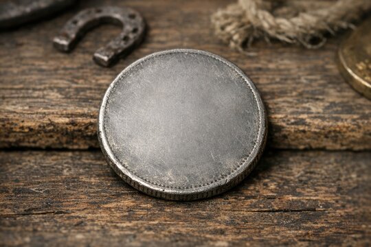 A single silver coin rests on a wooden table, ready for counting or display
