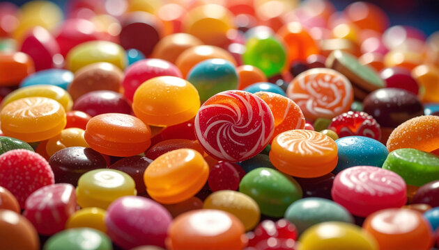 Colorful candies assortment close up with mixed varieties for sweet treats