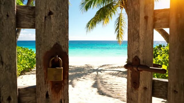 Old wooden gate opening to a tropical sandy beach with turquoise ocean water.