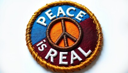 Naklejka premium Circular embroidered patch with peace symbol and text PEACE IS REAL in blue, orange, maroon sections. Detailed stitching, bold lettering, motivational craft, decorative symbol.