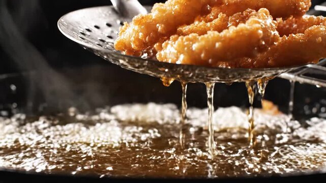 Fresh crispy onion rings being lifted from boiling oil in a deep fryer.