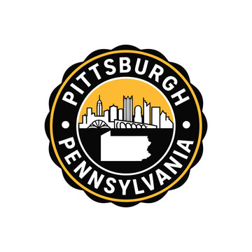 Pittsburgh pennsylvania emblem with skyline and state shape vector illustration