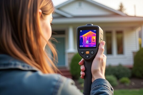 Thermal imaging camera in woman's hands outside a house detecting heat loss and insulation effectiveness.