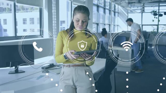 Woman tapping tablet in modern office, animating logistics icons around her and bar chart for team