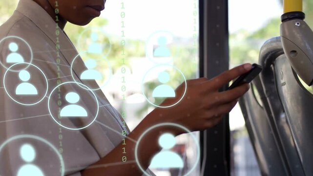 Commuter woman lifting phone and tapping activating avatar icons and transit data validating fare