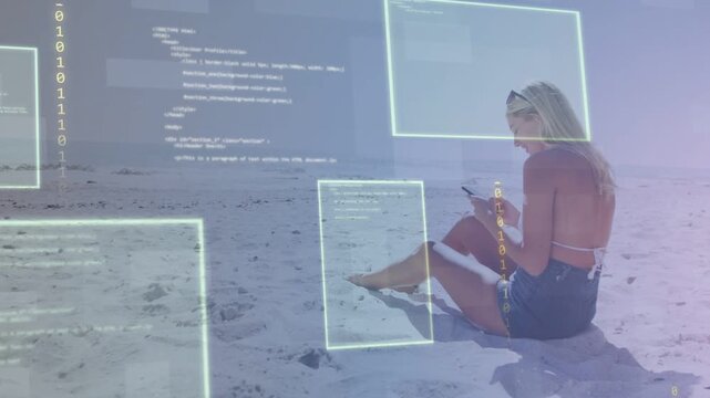 Woman sitting on beach scrolling phone browsing and causing AR tech code windows aligning fading