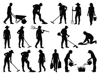 Naklejka premium Gardening people silhouettes with tools and equipment against a white background silhouette high-quality professional detailed