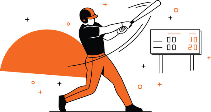 Dynamic baseball player illustration showing powerful batting action during competitive sports match with scoreboard background