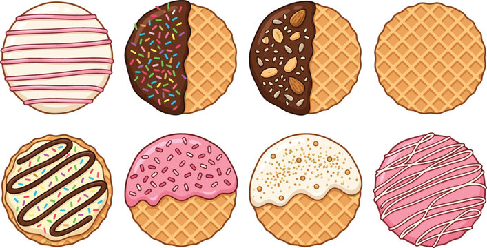 Sweet waffle cookie illustration set with chocolate, sprinkles, icing, and nut toppings, bakery dessert collection for menu, packaging, and cafe design use