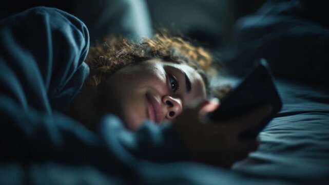 Young Woman Lying Down on Bed Using Smartphone Lazily, Social Media Overload and Digital Addiction Concept