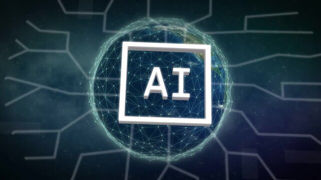 Mesh globe, white bar drawing top causing square lock, AI showing, circuits growing into global net