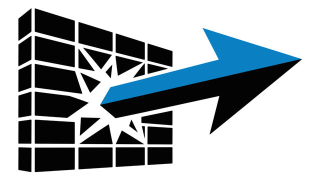 Blue arrow piercing black wall &ndash; Perfect for startup innovation, industry disruption, or competitive advantage themes.