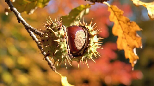 Close up of a horse chestnut fruit on a branch with autumn leaves.