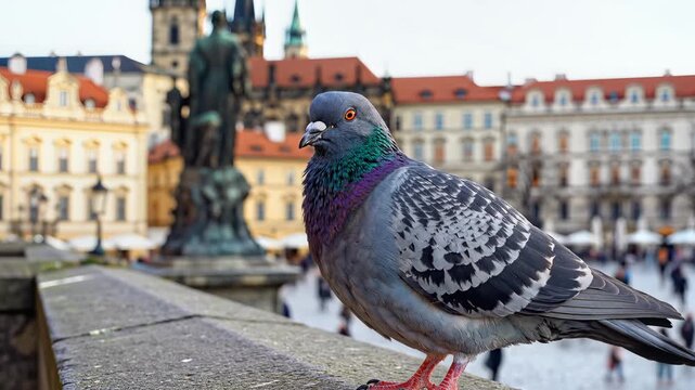 Closeup of a pigeon perched on a stone ledge in a European city square.