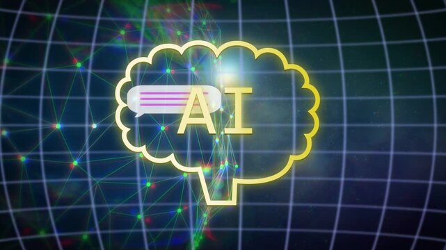 On brain labeled AI appearing, chat bubbles sliding thumbnails passing bits filling it to show data
