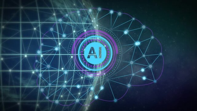 AI emblem appearing, pulsing rings and drawing brain network over gridded globe, stabilizing HUD