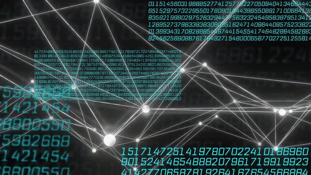 Data network unfolding when teal digits sliding in nodes pulsing, links extending to show data flow
