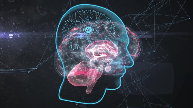 AI emblem glowing, activating head's brain pulsing, rotating, circuits pulsing, showing neural flow