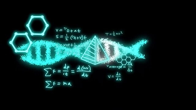 Teal cloud starting spread, dots forming helix, pyramid rising, formulas appearing, showing science