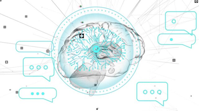 Central hub pulsing, clear brain rotating, speech bubbles popping, bits flowing inward showing flow