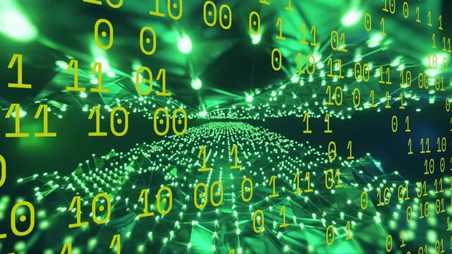 Cam arc starting yellow binary digits and green nodes streaming past, forming canopy showing data