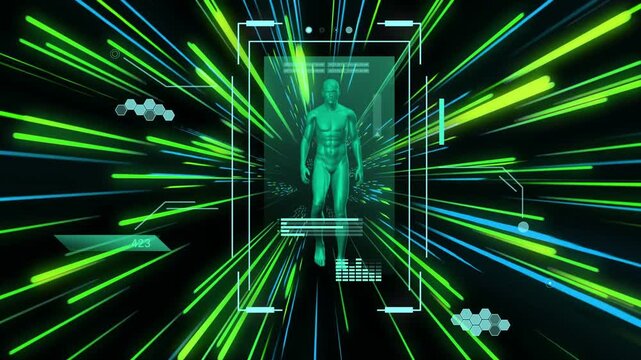 Neon streaks surging, cyan green humanoid stepping forward inside HUD frame, simulating transport