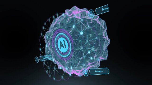 Prompt badge appearing, AI sphere rotating pulsing, nodes lighting, badges shifting, showing flow