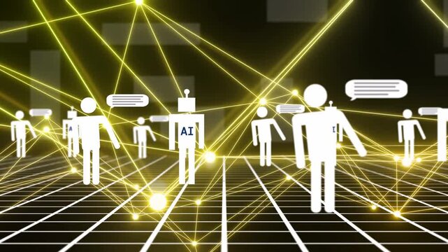 Pulsing network nodes initiating human silhouettes and AI robots moving forward, exchanging data