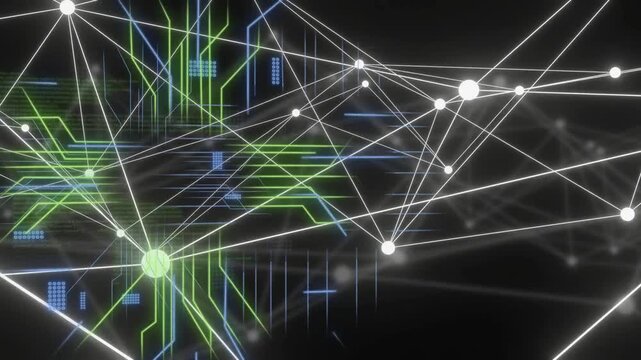 White node web appearing, network pulsing and expanding as neon circuits and code visualizing data