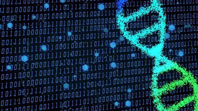 Cyan green particle column appearing at frame three, forming helix, visualizing binary data