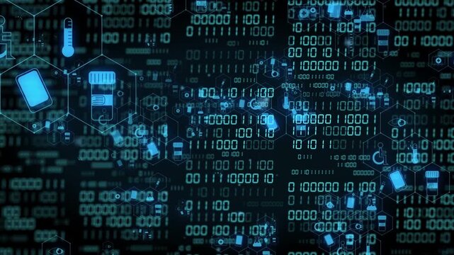 Binary digits shimmering and scrolling, starting hex nodes pulsing and linking to show device flow