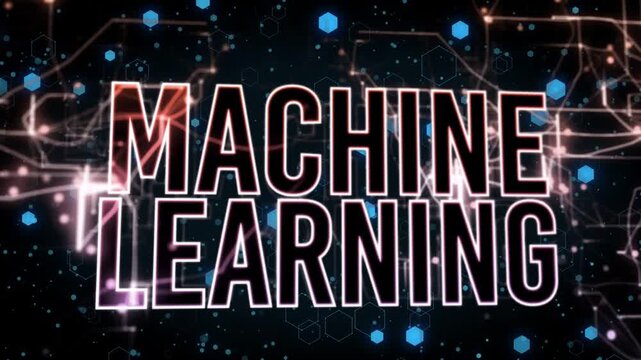 Left circuits sparking MACHINE LEARNING emerging hexes drifting neon outline pulsing showing logo