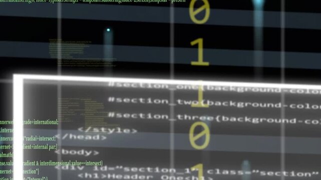 Camera panning and white beam initiating code cluster sliding and color shifting showing data flow