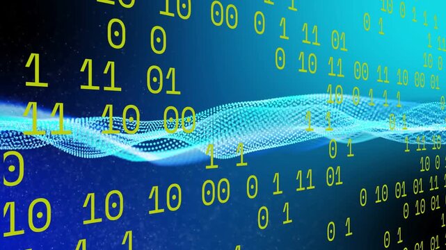 On digits appearing, lime 0 or 1 shifting with depth and cyan waveform undulating showing data flow
