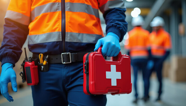 Worker holds red first aid kit. Person wears safety vest, gloves. Colleagues in uniform stand in background. Industrial safety and emergency preparedness scene.