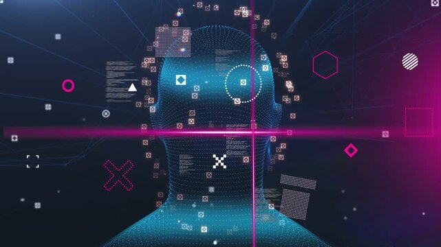 Magenta scanline sweeping, cyan mesh head orbiting while nodes mapping face features for biometrics
