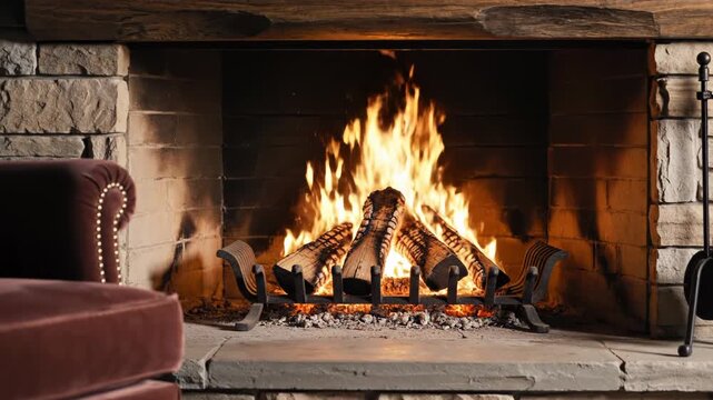 A warm and cozy fireplace burning with bright logs in a living room.
