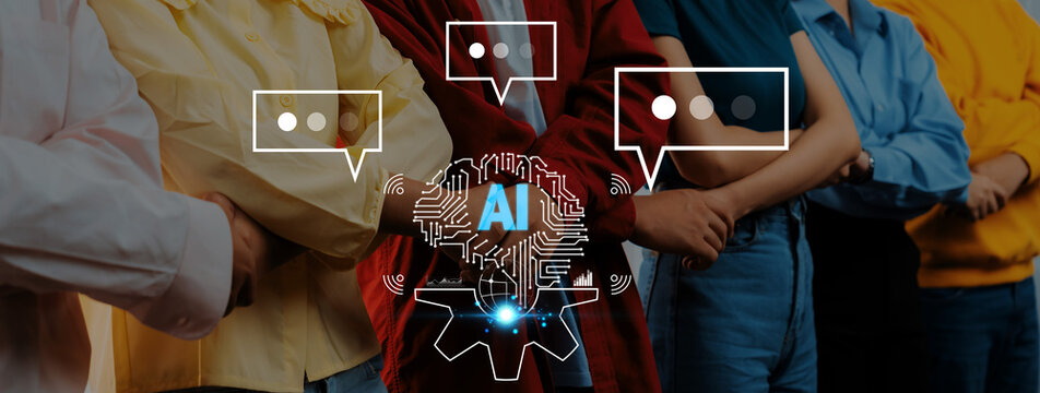 Group of People Engaging in Discussions About Artificial Intelligence and Technology Concepts with Chat Bubbles and Digital Graphics Overlay Quark.