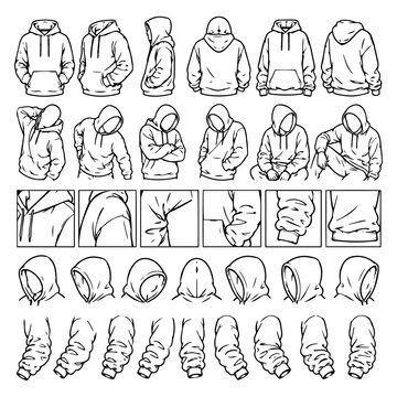 Hoodie sweatshirt technical drawing reference set featuring various poses details and hood styles for designers.