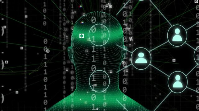 Wireframe head rotating, green band sweeping, spawning linked nodes forming connected network