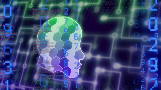 On code scrolling, 3D head pulsing, hex tiles lighting, numerals flowing, showing data processing