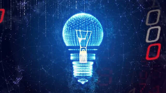 Holographic light bulb forming from node field, filament dropping, rings stacking, visualizing idea