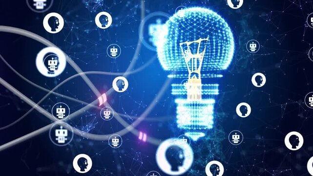 Neon wireframe bulb pulsing from magenta pulses, tokens falling and clustering, showing data flow