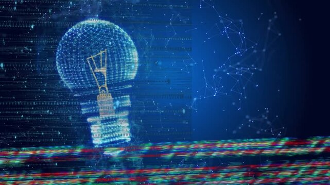 Holographic wireframe bulb appearing, pulsing and rotating while overlays sliding showing data flow