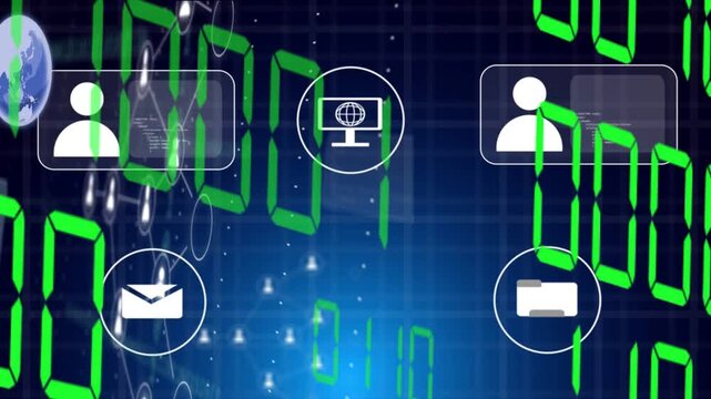 Green seven-segment digits floating, UI panels appearing, nodes linking and visualizing data flow