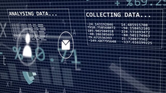 Small wedge appearing, rotating into pie, HUD stacking charts and rings, collecting data to monitor
