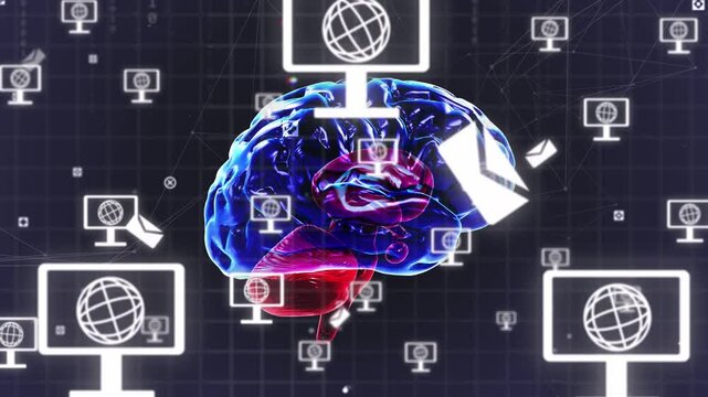 Single monitor spawning, monitors multiplying, encircling rotating 3D brain, showing network growth