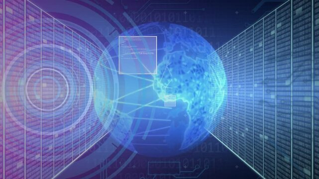 Code stream appearing, holo globe emerging, growing, linking nodes to panels, visualizing data